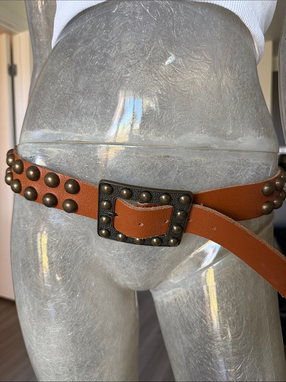 Studded Brown Leather Waist Belt with Antique Brass Buckle